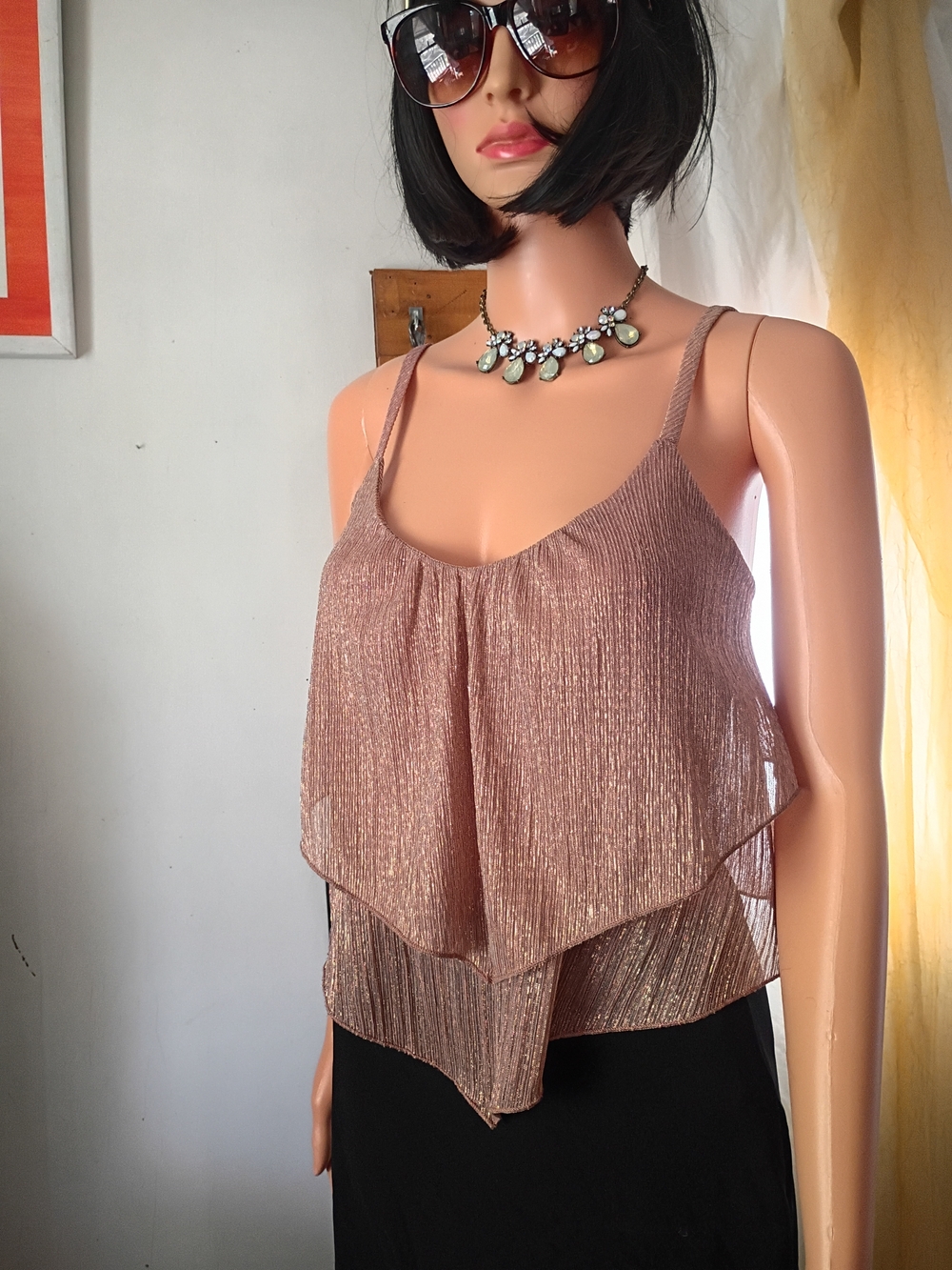 Charlotte Russe Metallic Rose Gold Layered Spaghetti-Strap Women's Top